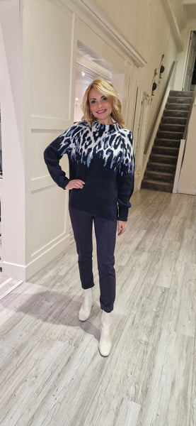 Navy Knit Jumper With Leopard Print