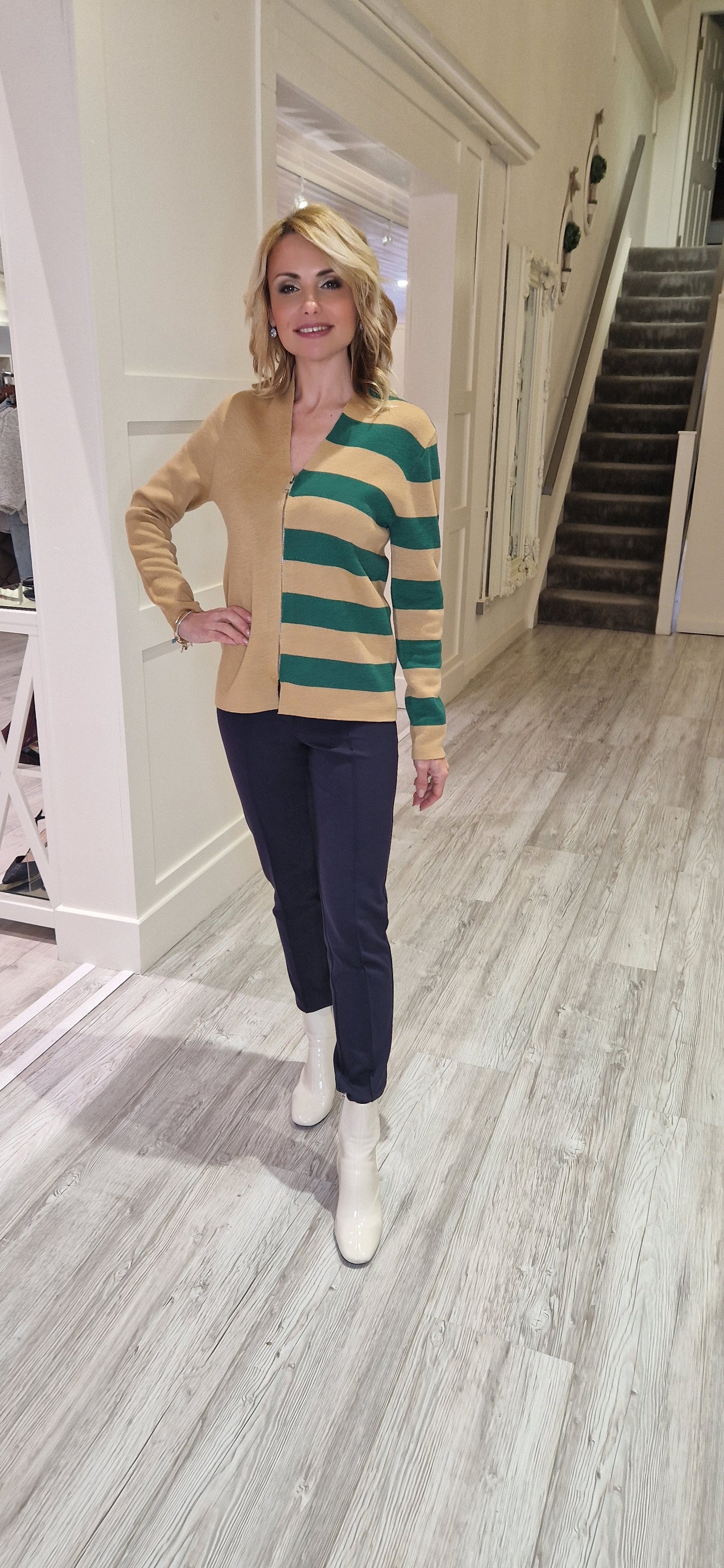 Camel and Green Knit Short Cardigan