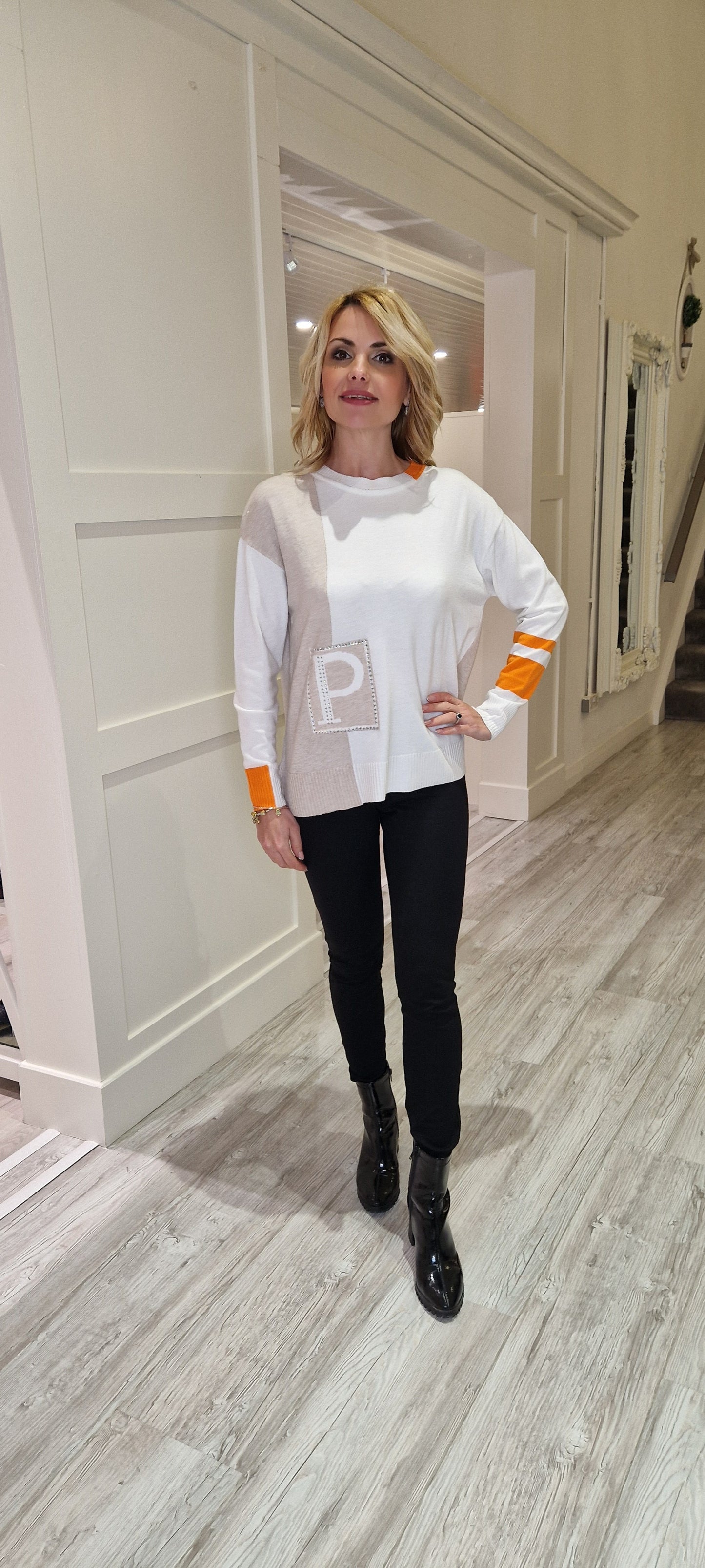 Cream And Orange Knit Jumper