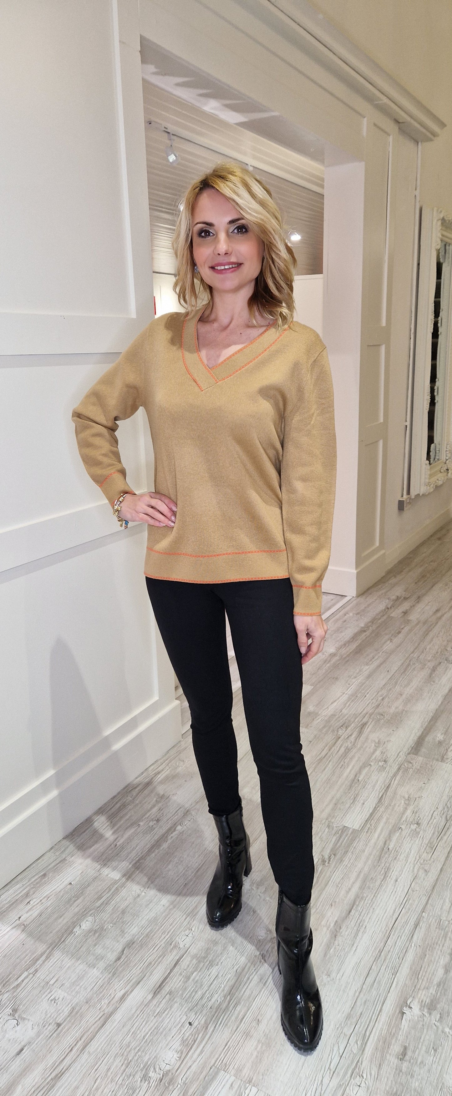 Camel Knit Jumper Orange Trim