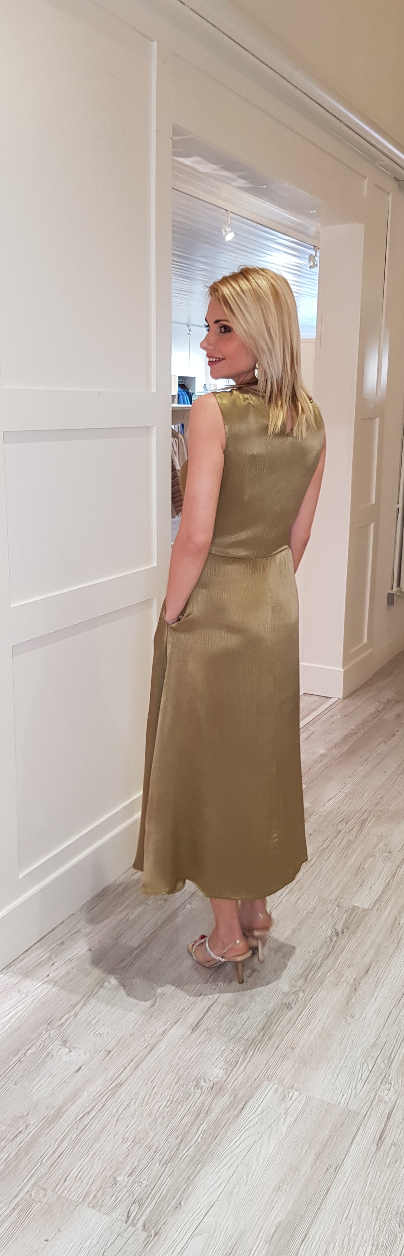 Olive Green Satin Look Midi Dress