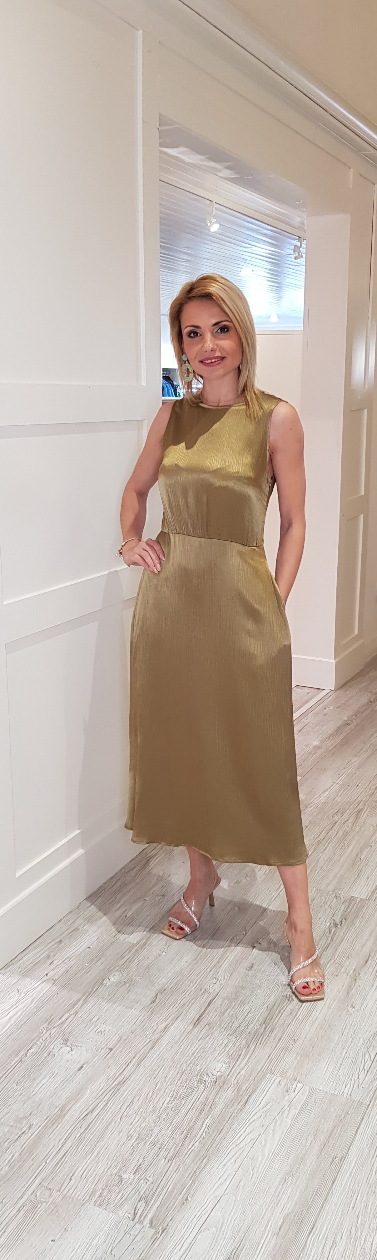 Olive Green Satin Look Midi Dress