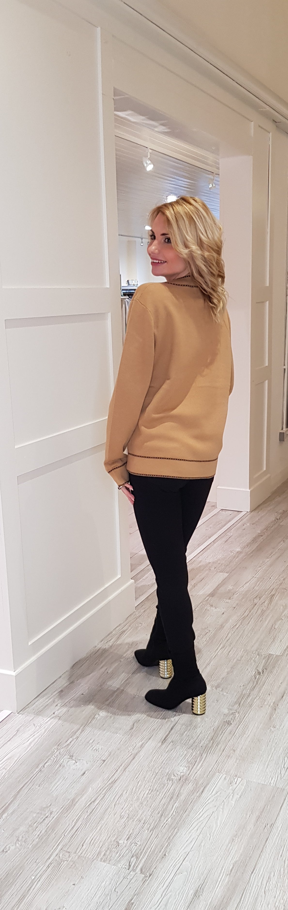 Camel Knit Jumper With Black Trim