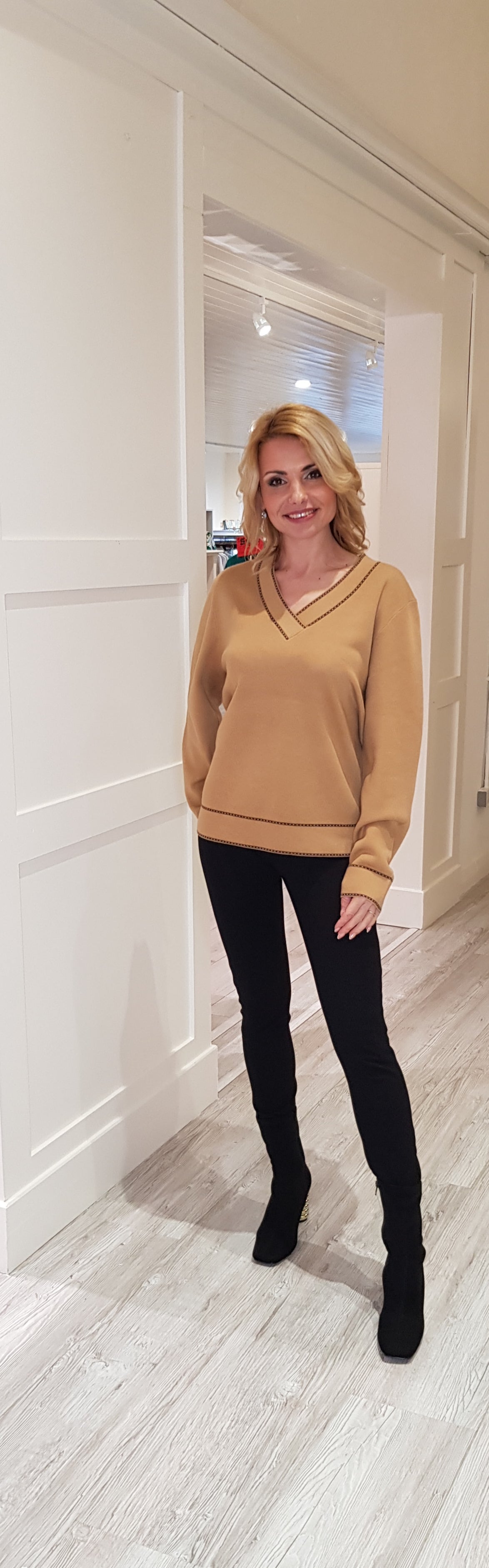 Camel Knit Jumper With Black Trim