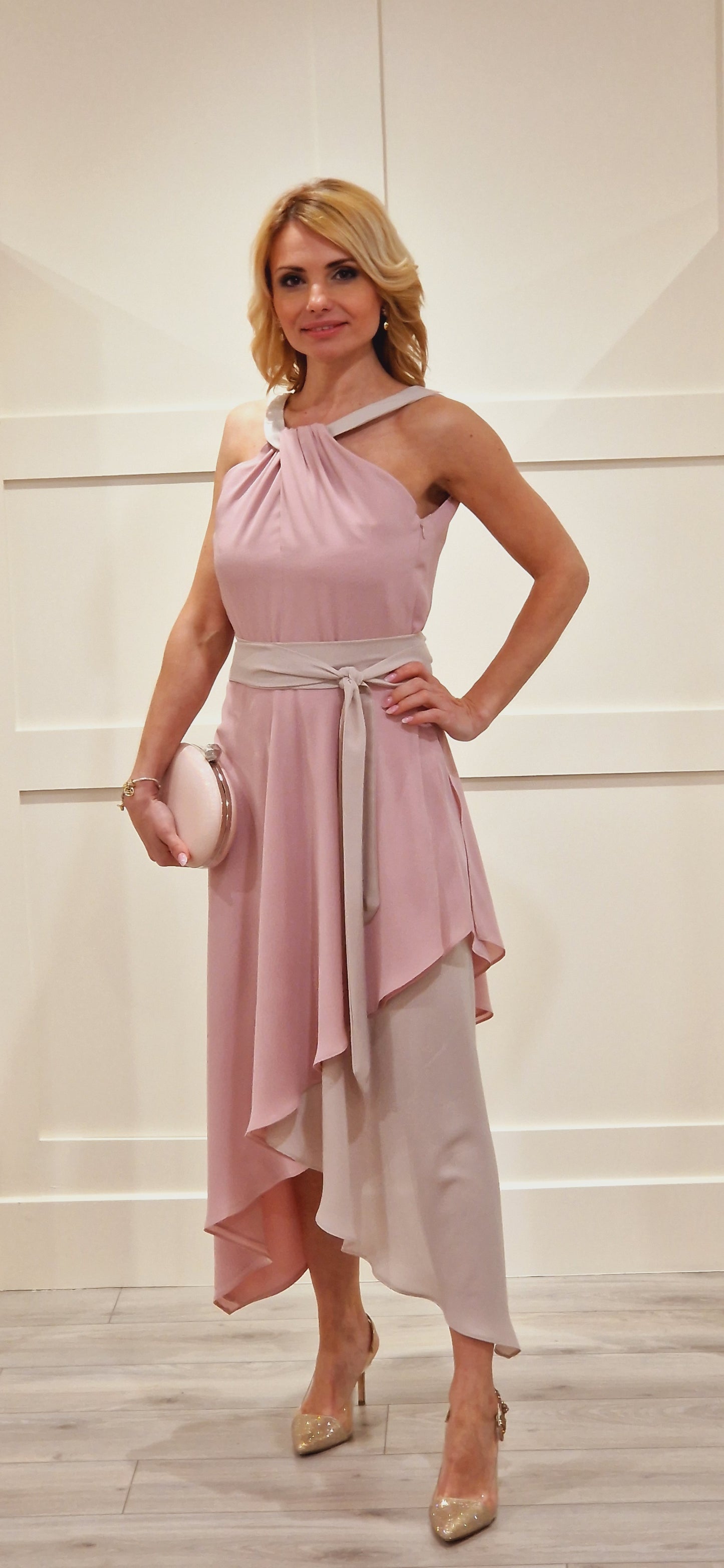 Pink and Taupe Midi Dress