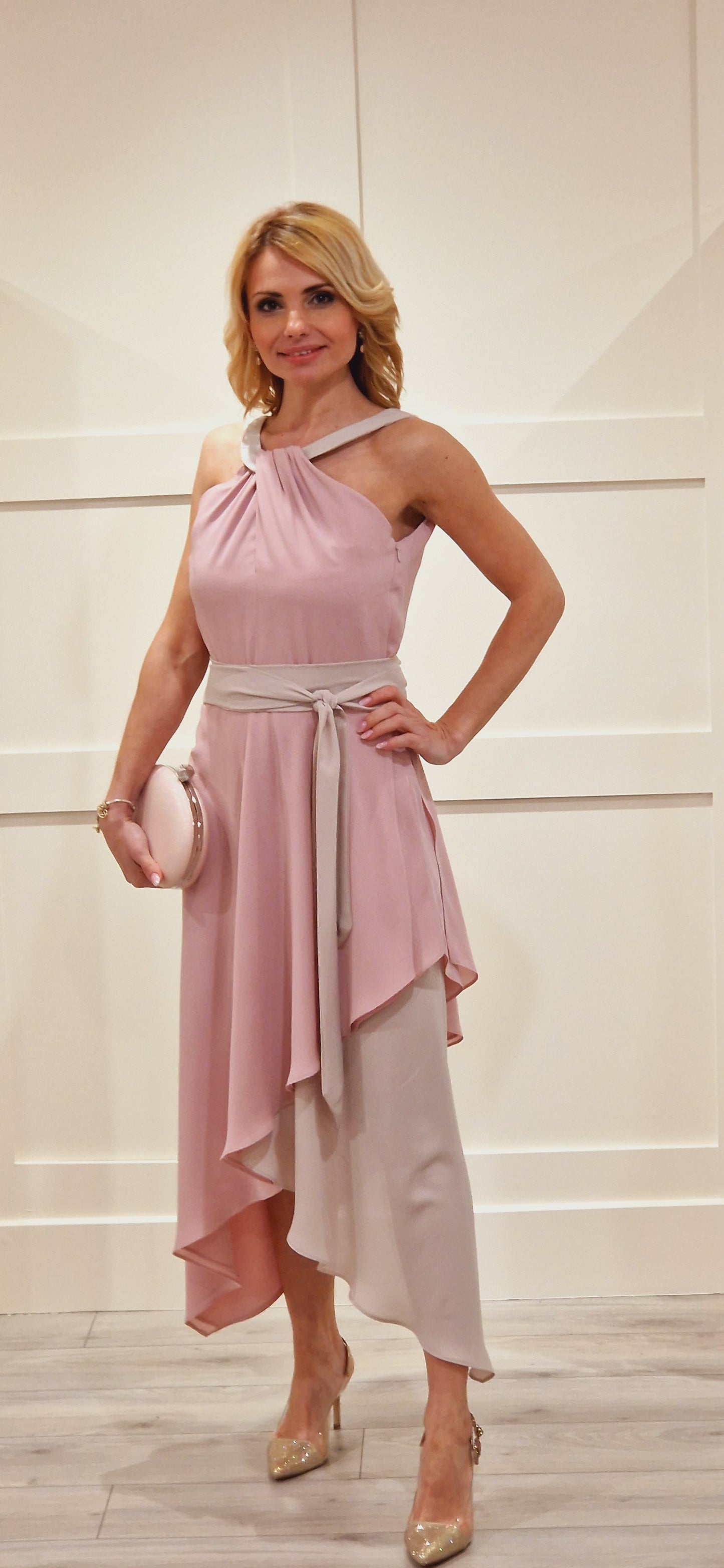 Pink and Taupe Midi Dress