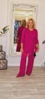 Fuchsia 2 Piece Trousers Set With Feathers