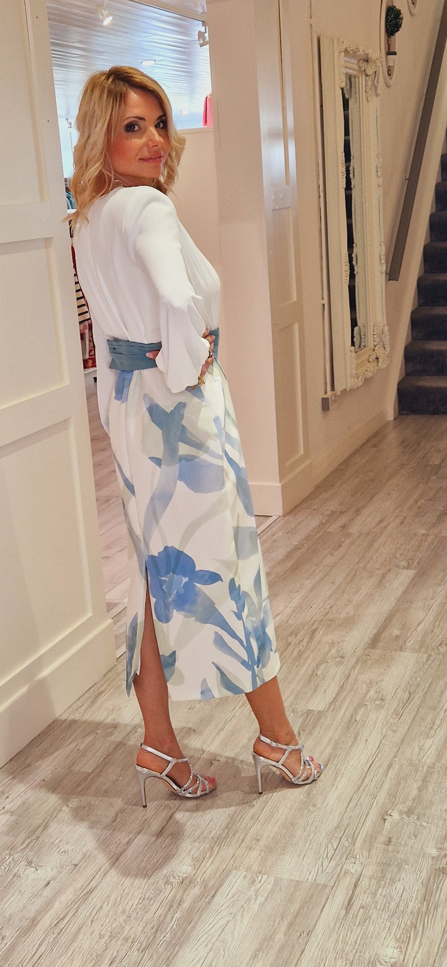 Cream Midi Dress With Blue /Green Skirt