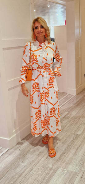 Orange And White Maxi Dress with Sleeve