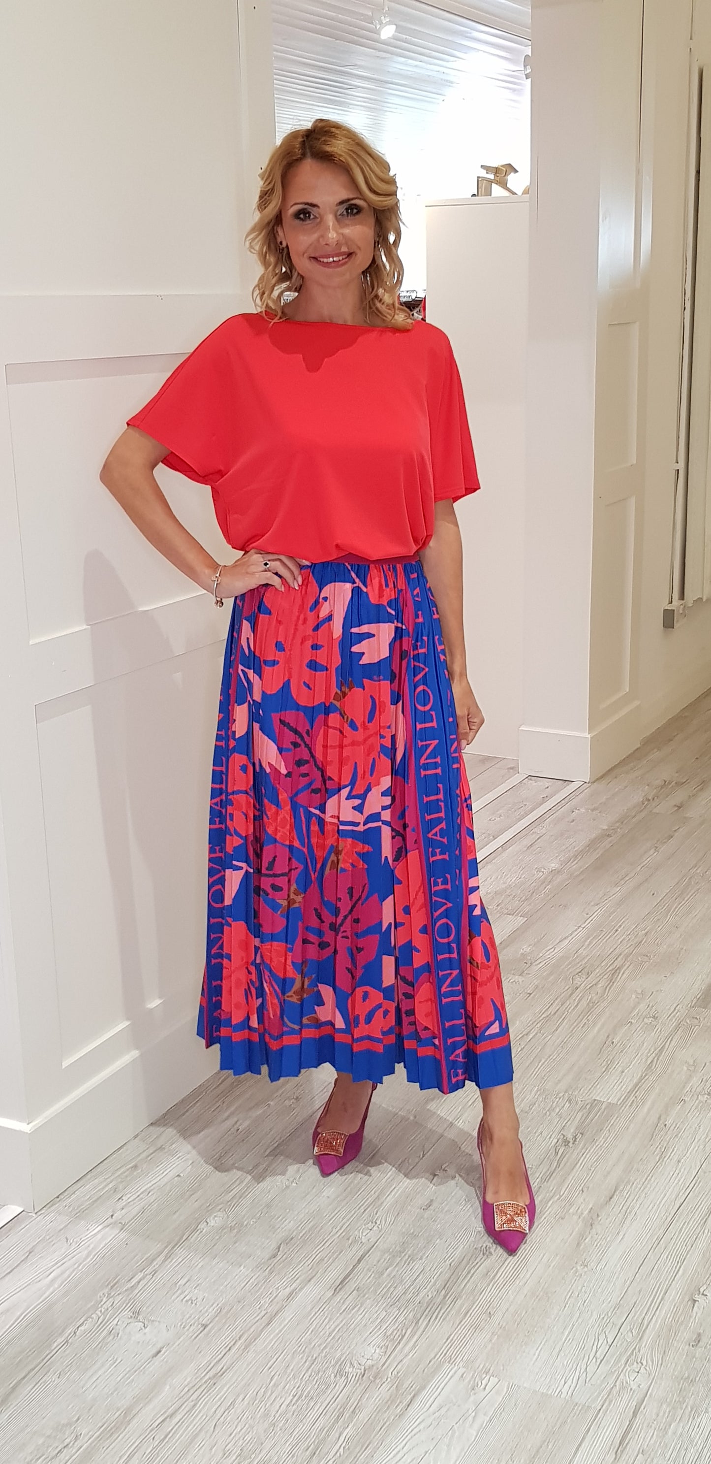 Red And Blue Pleated Skirt