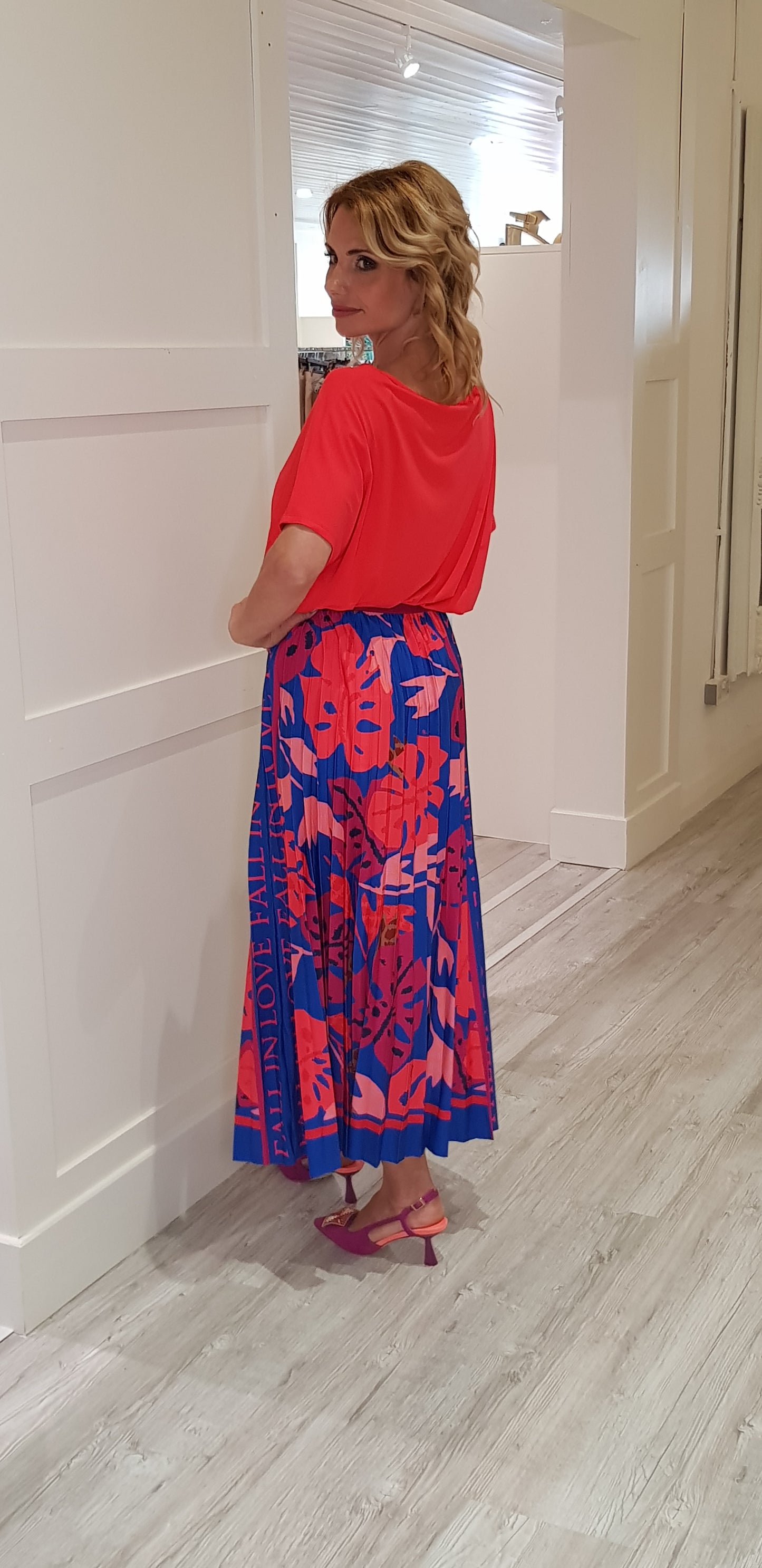 Red And Blue Pleated Skirt