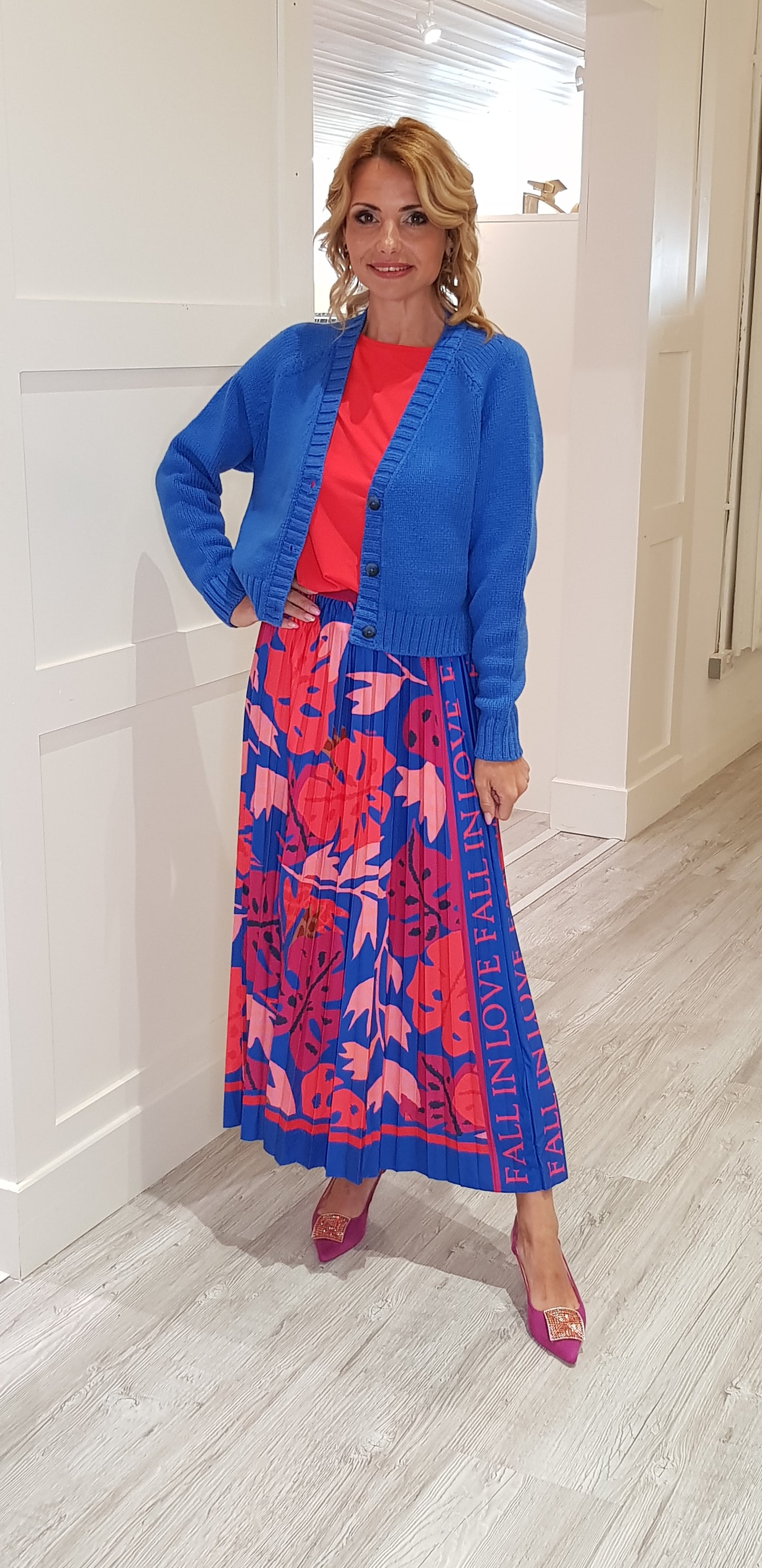 Red And Blue Pleated Skirt