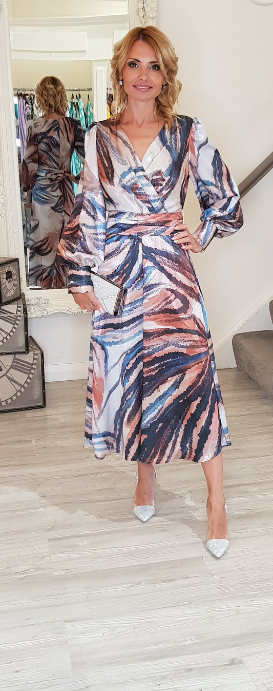 Rust And Blue Printed Midi Dress