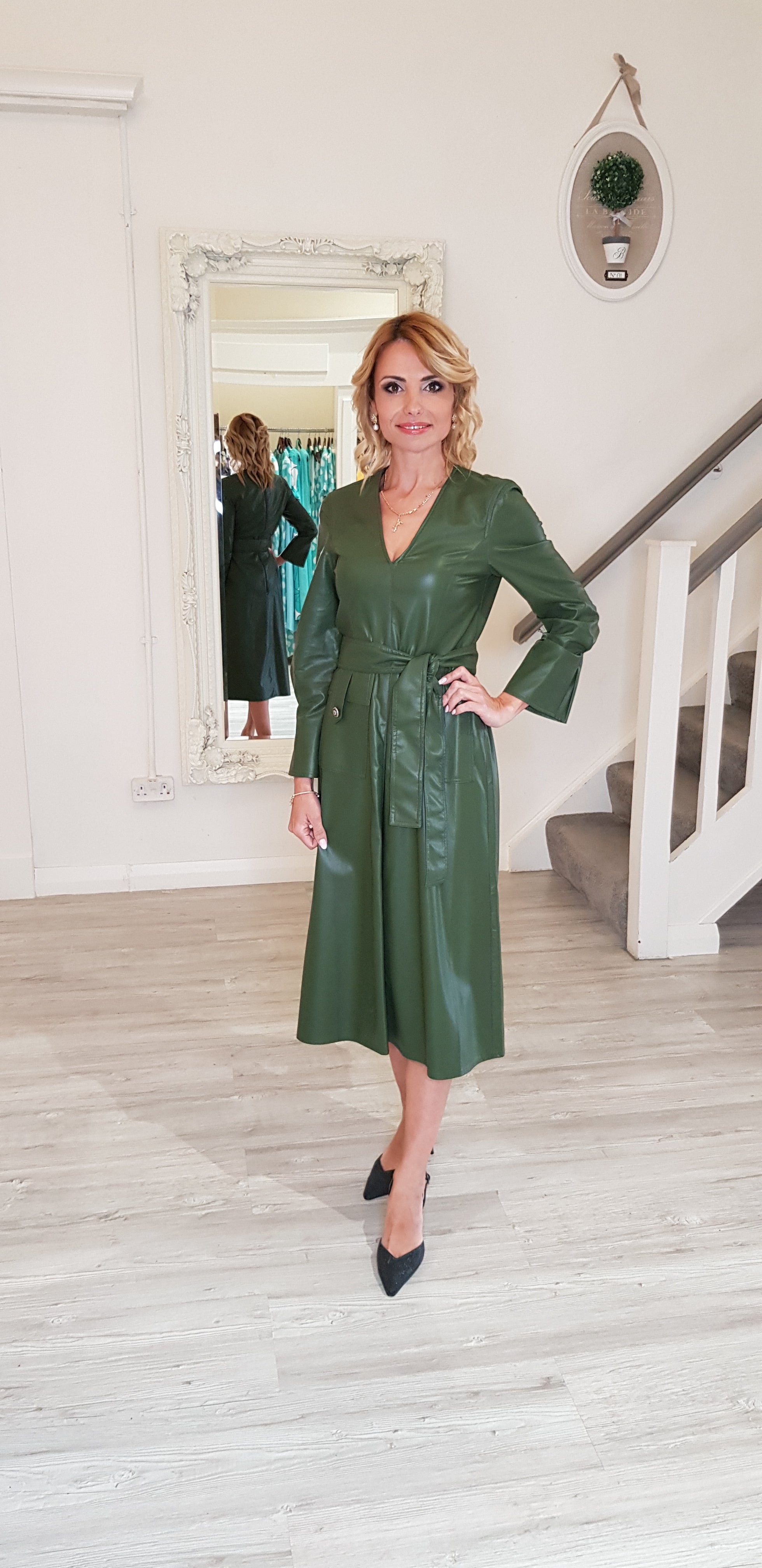 Green Faux Leather Midi Dress Style Kloset Boutique Galway