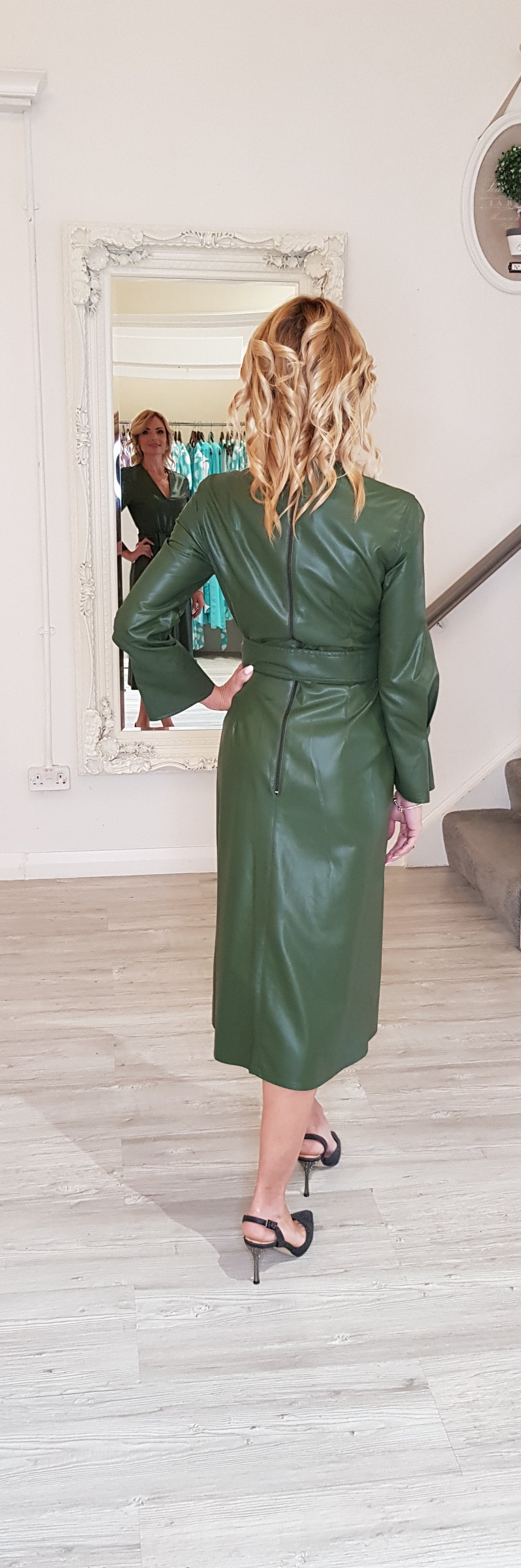 Green Faux Leather Midi Dress