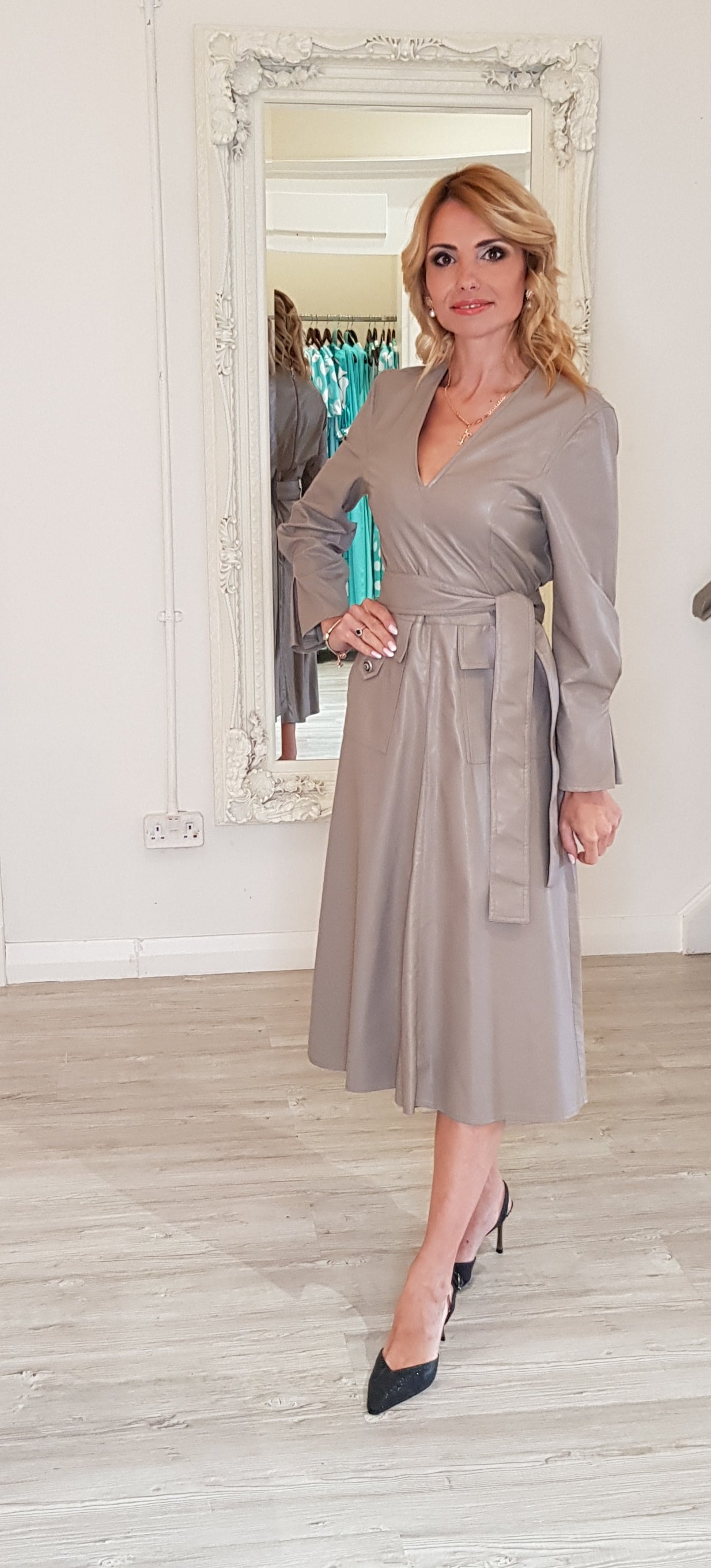 Taupe Faux Leather Midi Dress