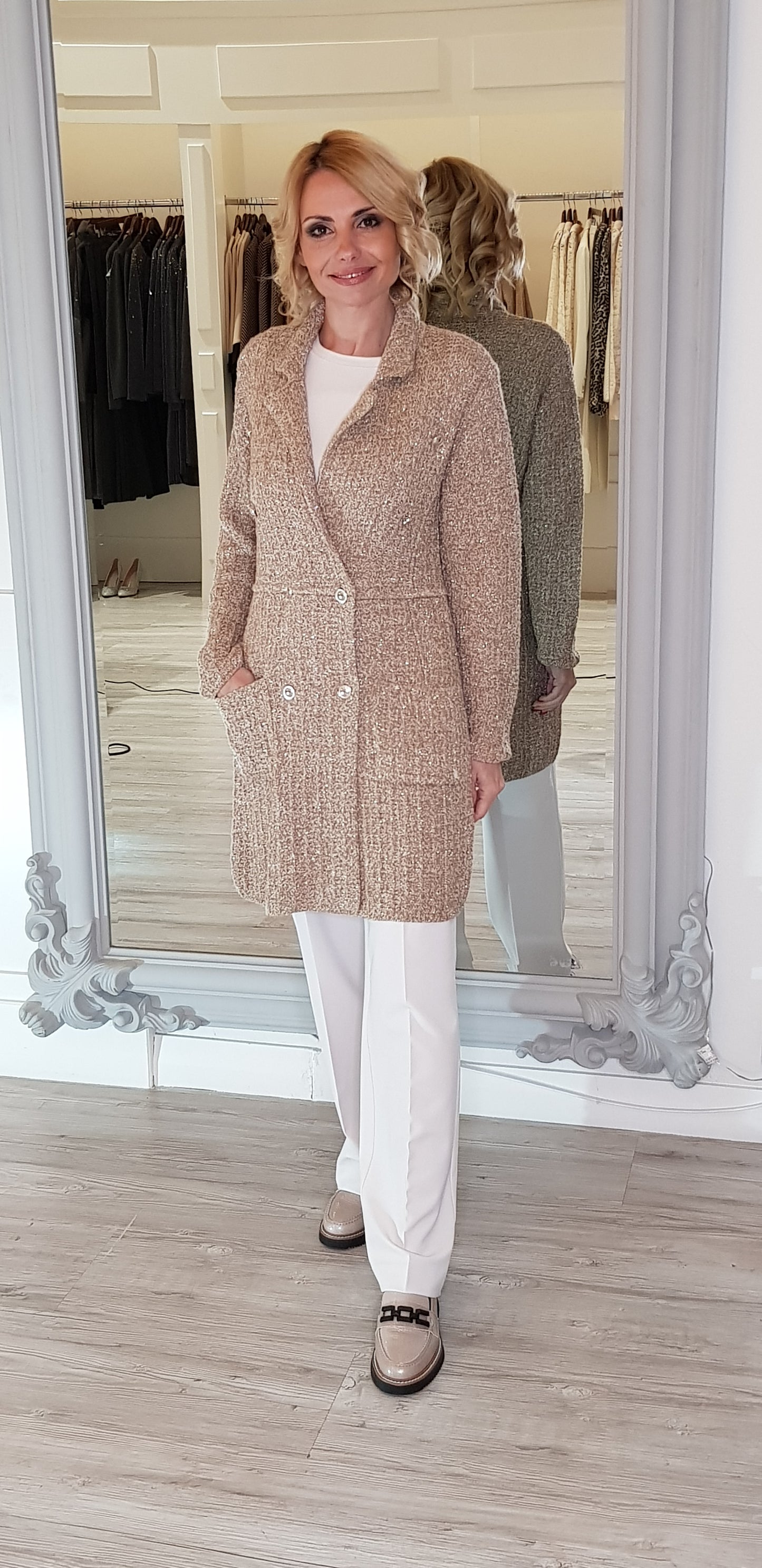 Camel Knit Coat With Shimmer