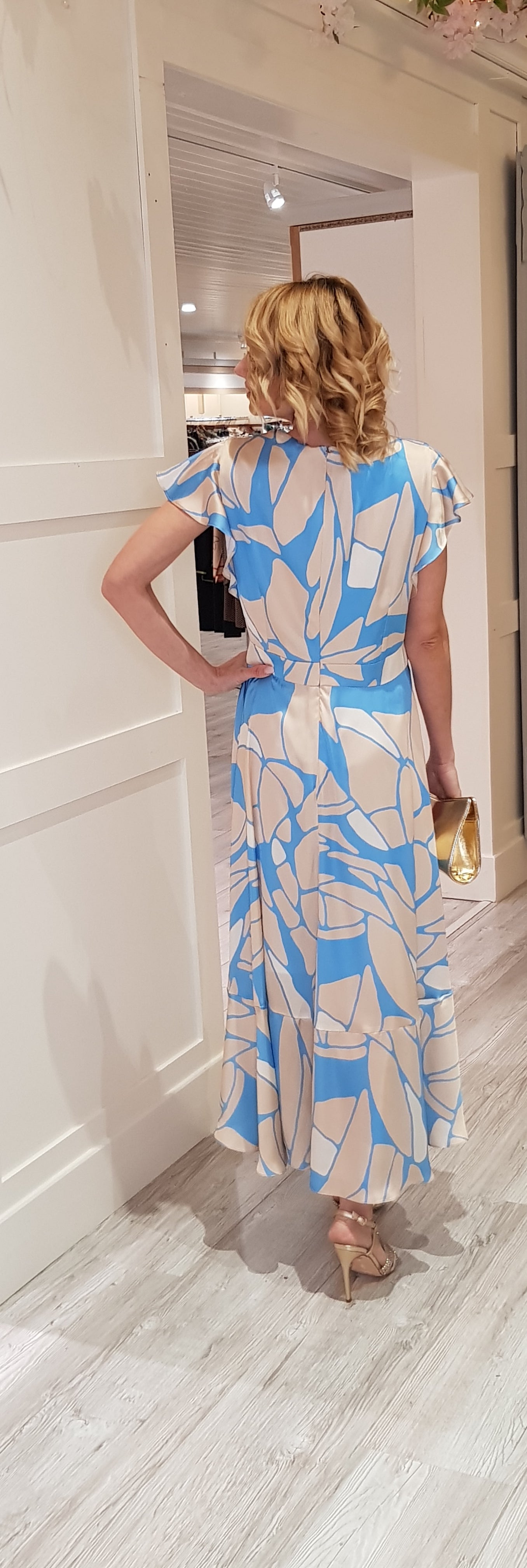 Beige &Blue Satin Midi Dress