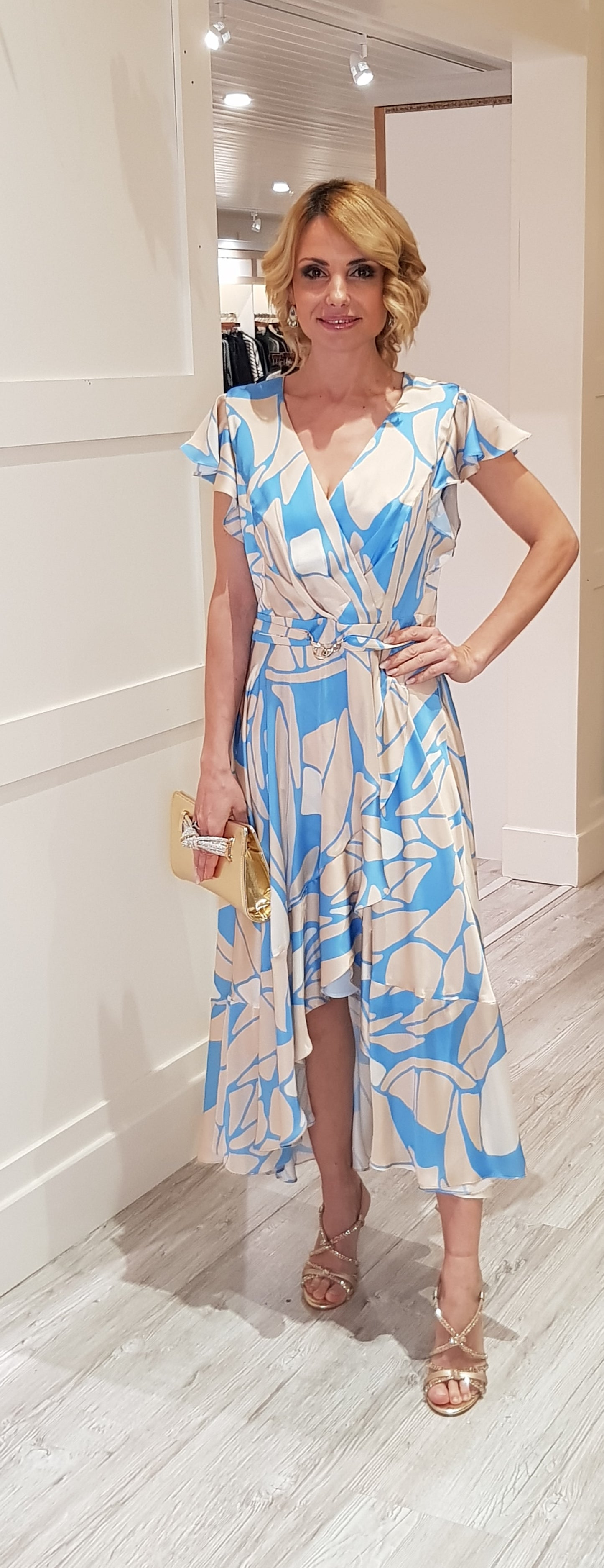 Beige &Blue Satin Midi Dress