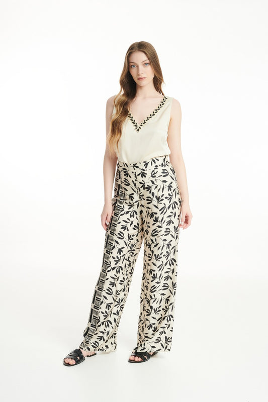 Cream/Black Printed Trousers