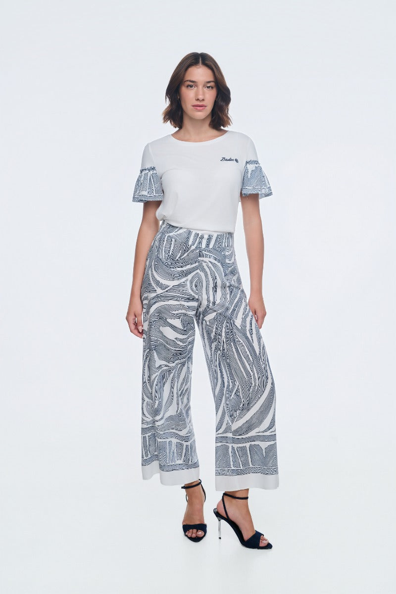 Cream And Navy Top with Frill Sleeves