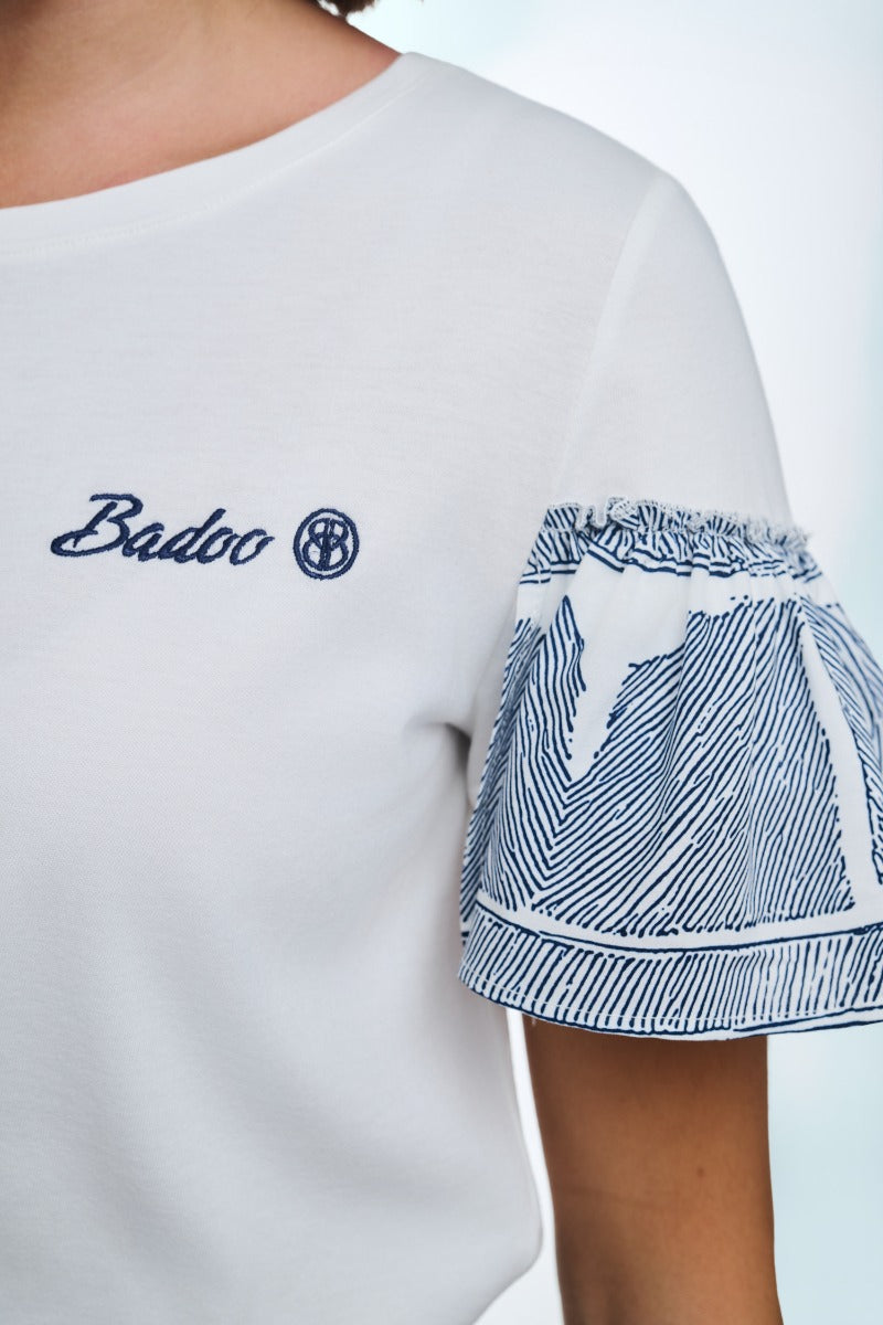 Cream And Navy Top with Frill Sleeves