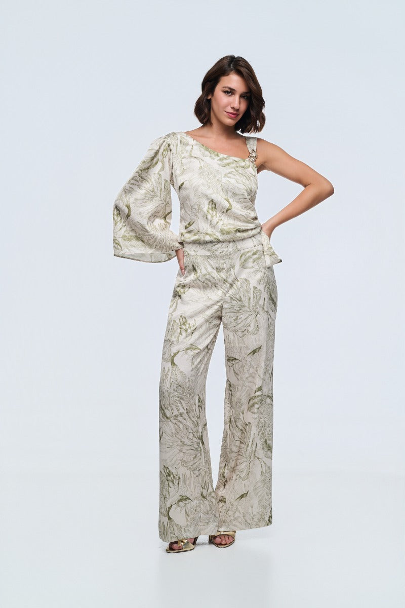 Cream And Olive Green Floral Trousers