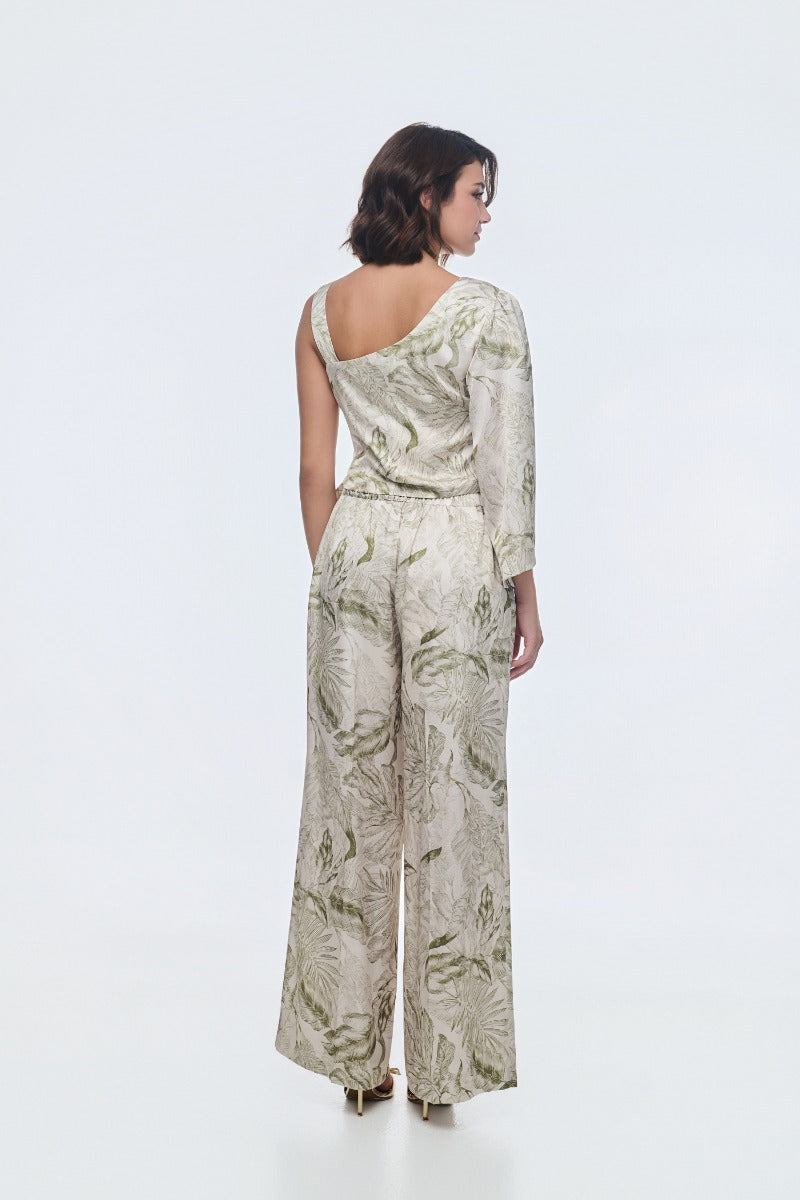 Cream And Olive Green Floral Trousers