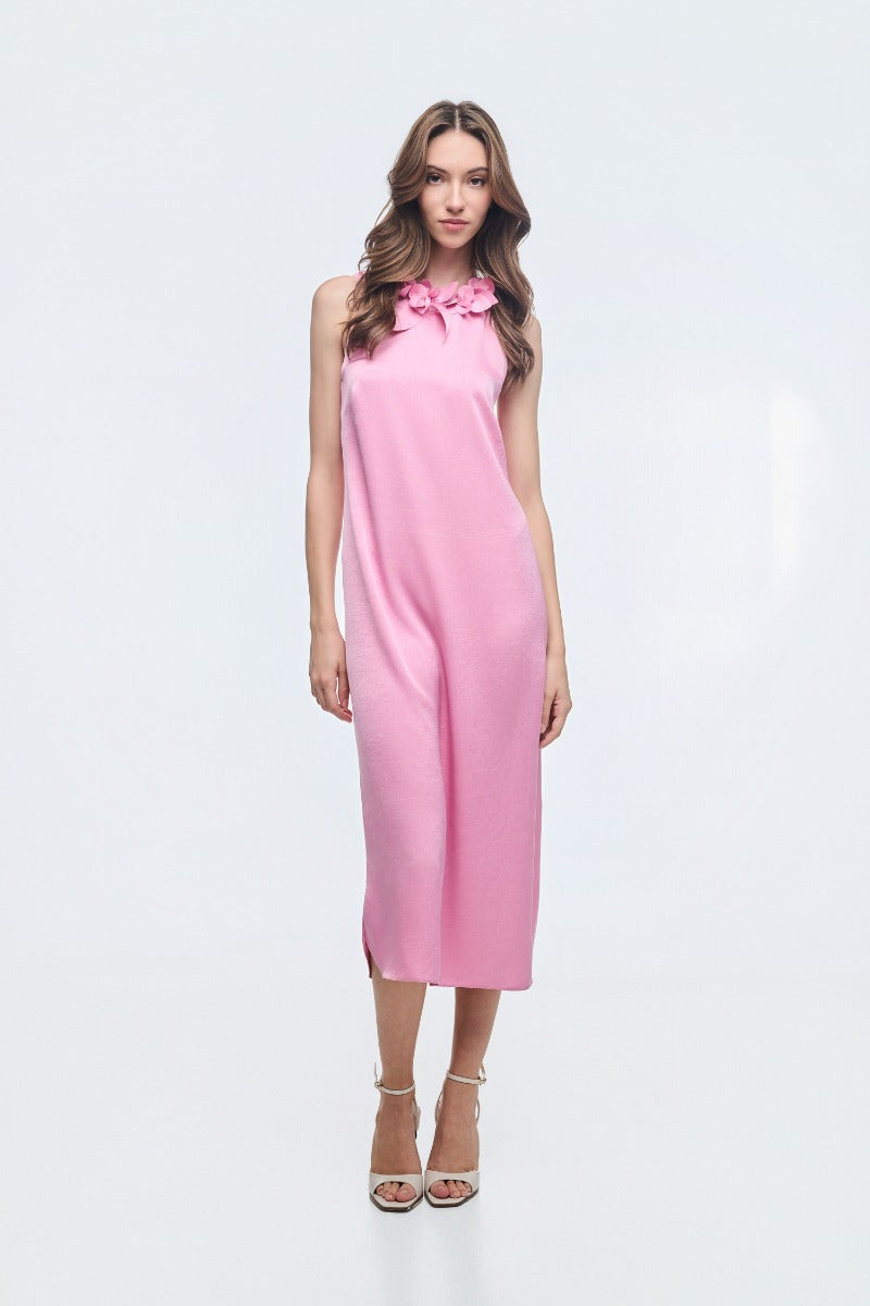 Pink Sleeveless Dress With Decorative Flowers
