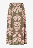 Khaki Green And Pink Flower Print Skirt