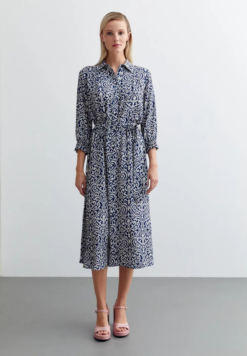 Navy And Sand Printed Shirt Style Dress