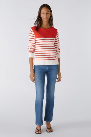 Side Slit Striped Cotton Sweater, Red & White