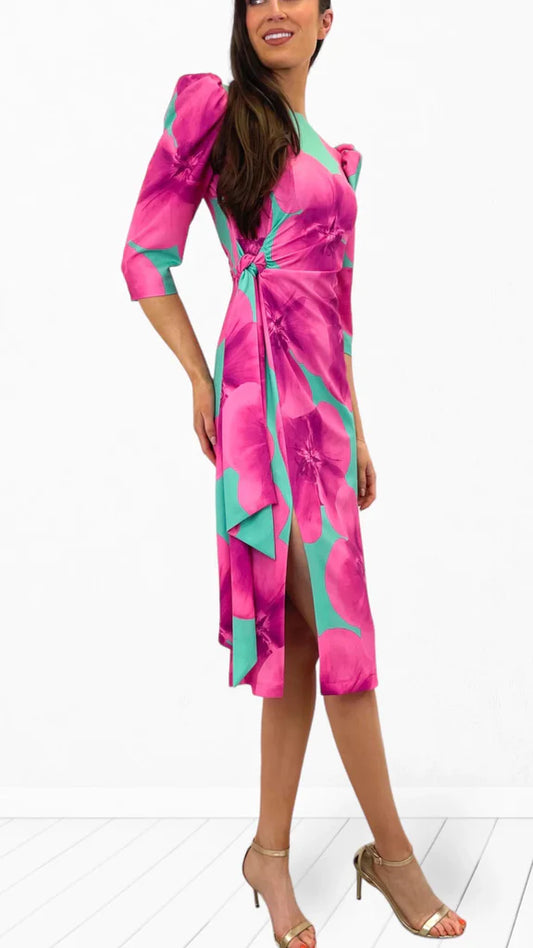 Pink Flower Midi Dress
