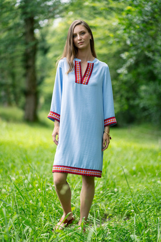 Blue Dress With  Red Collar And Red Cuff