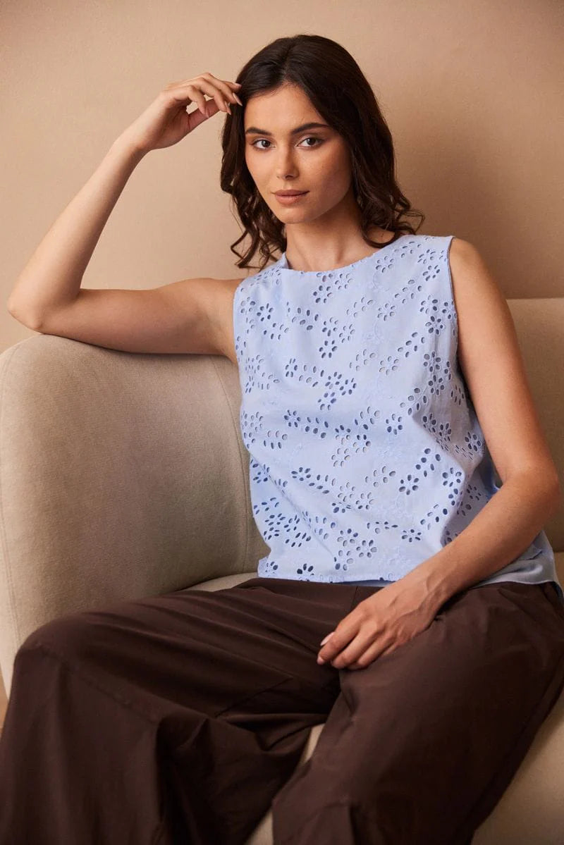 Blue Floral Broderie Top