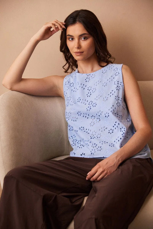 Blue Floral Broderie Top