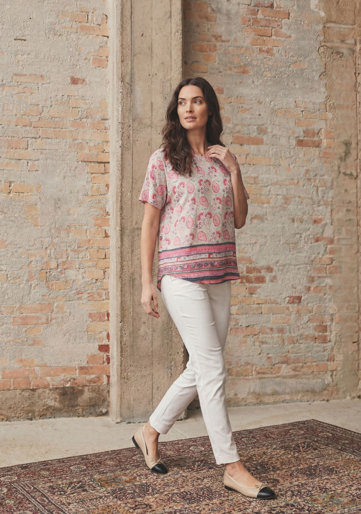 Coral And Green Print Top