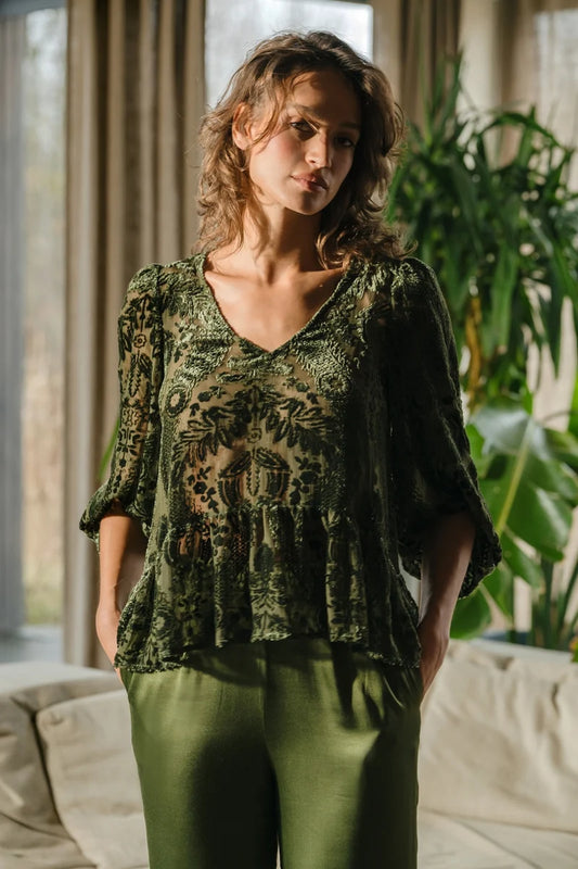 Stevie Olive  Green Velvet  Sparkle Top