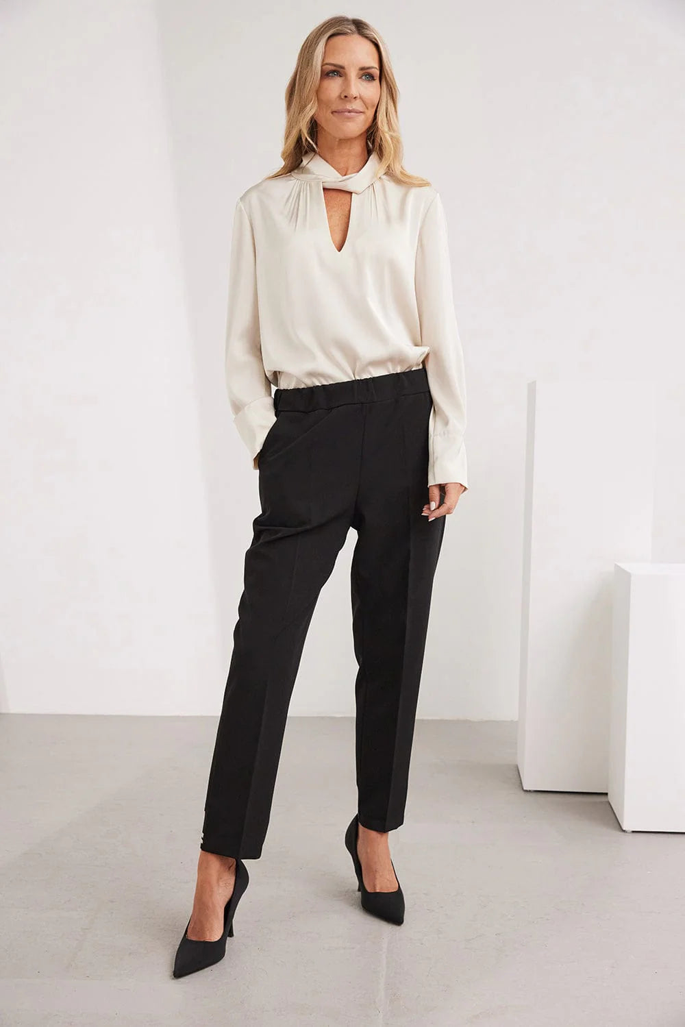 Beige Long Sleeve Twist Neck Blouse