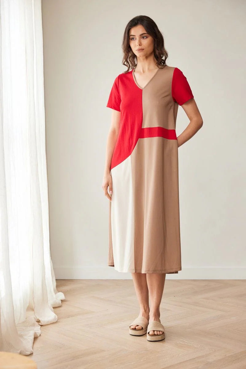 Red And Taupe Colour Block Dress