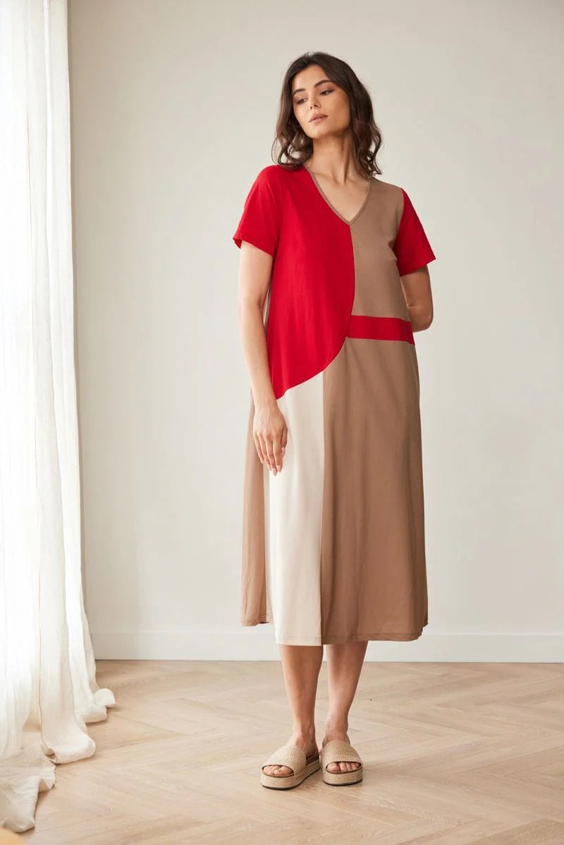 Red And Taupe Colour Block Dress
