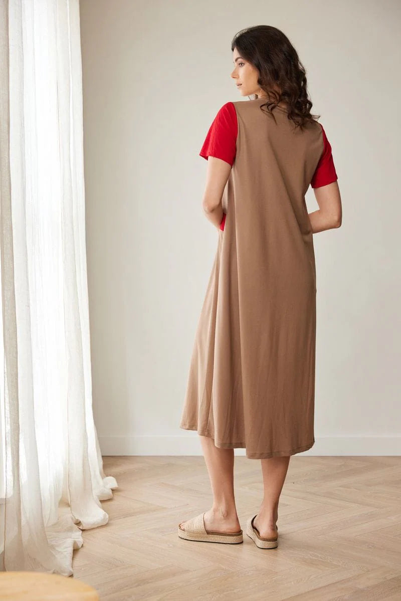 Red And Taupe Colour Block Dress