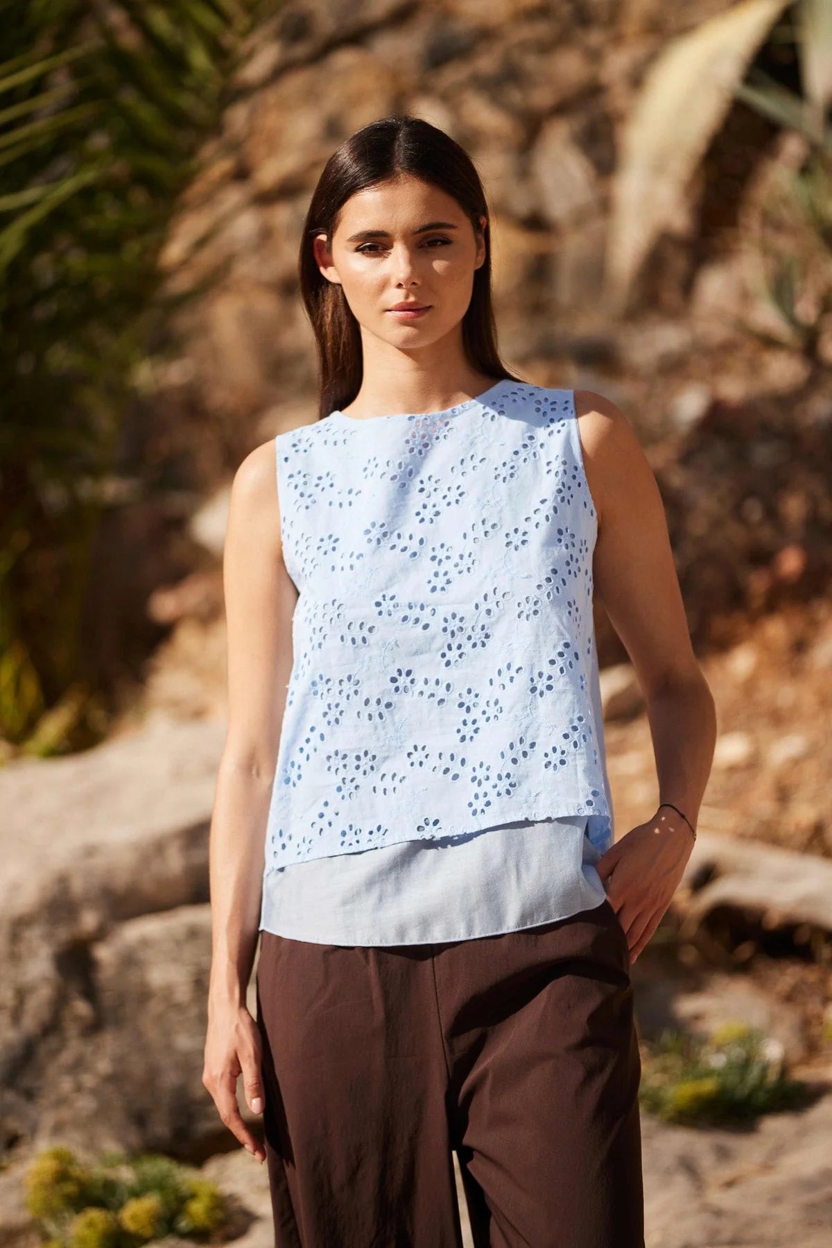 Blue Floral Broderie Top