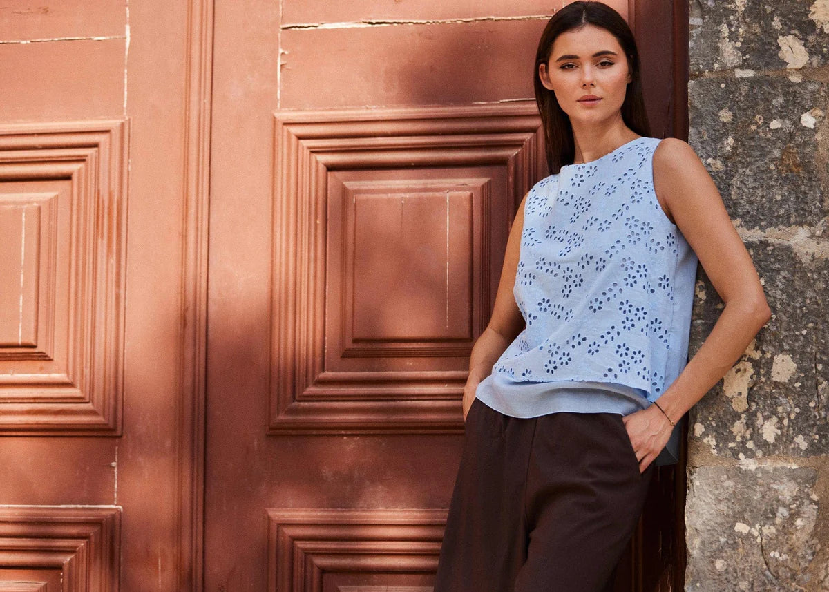 Blue Floral Broderie Top