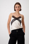 Cream Stain Top With Black Lace