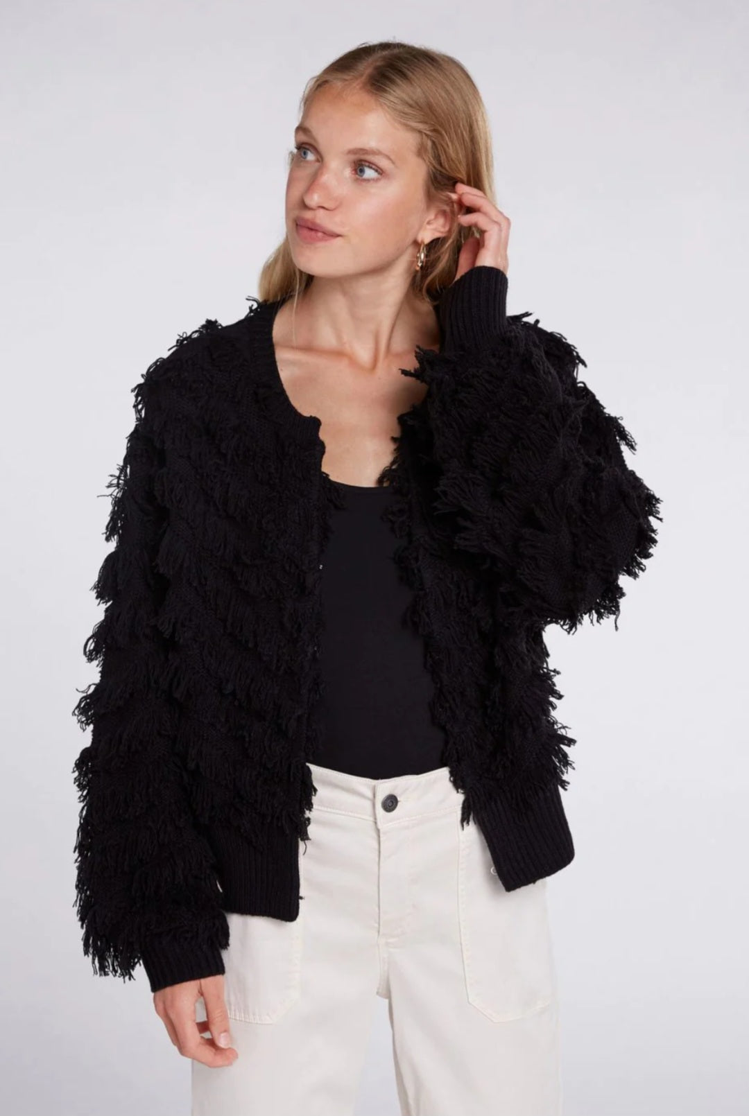 Black Cardigan With Fringes Detail