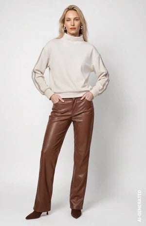 Warm Beige Sweater With Sleeve Stripes