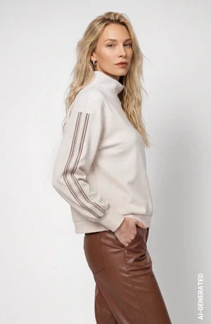 Warm Beige Sweater With Sleeve Stripes