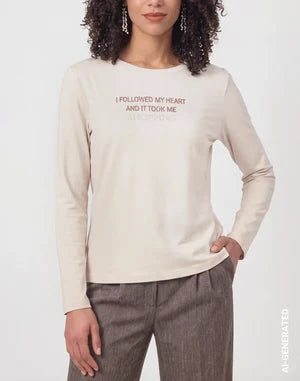 Warm Beige Long Sleeve Top With Rhinestone Lettering