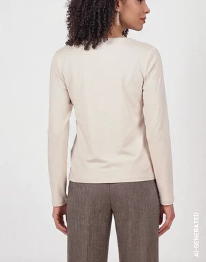 Warm Beige Long Sleeve Top With Rhinestone Lettering